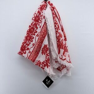 NWT Echo New York Red White Floral Cotton Scarf Frayed Fringe Wrap 183x61cm NWT